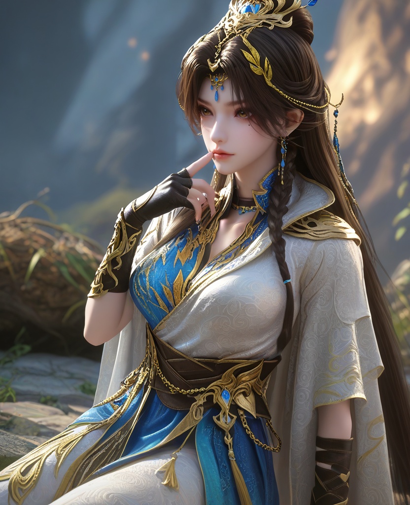 (Sitting, one hand on the chin, looking contemplative,:1.1),(large breasts:1.2),<lora:XL16云深不知梦羲和第20集‌跃灵谷:0.95>,miss xihe,white and blue tiered hanfu,brown eyes,mole under left eye,black hair,very long hair,draped looped buns with front braid,hair ornament,jewelry,black fingerless gloves,cape,, score_9,score_8_up,score_7_up,score_6_up,score_5_up,score_4_up,3d rendering,tag1,tag2, Cinematic Lighting,backlighting,