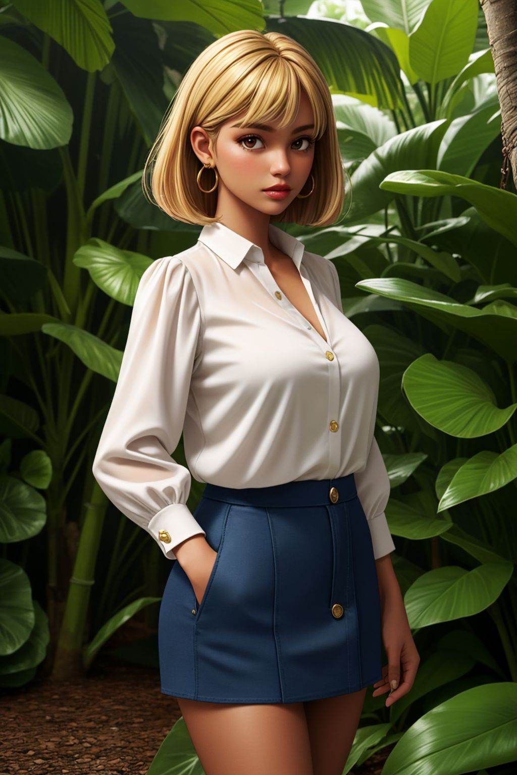 1girl,  solo,  A-line mini skirt with a silk blouse and pumps on Tensor.Art