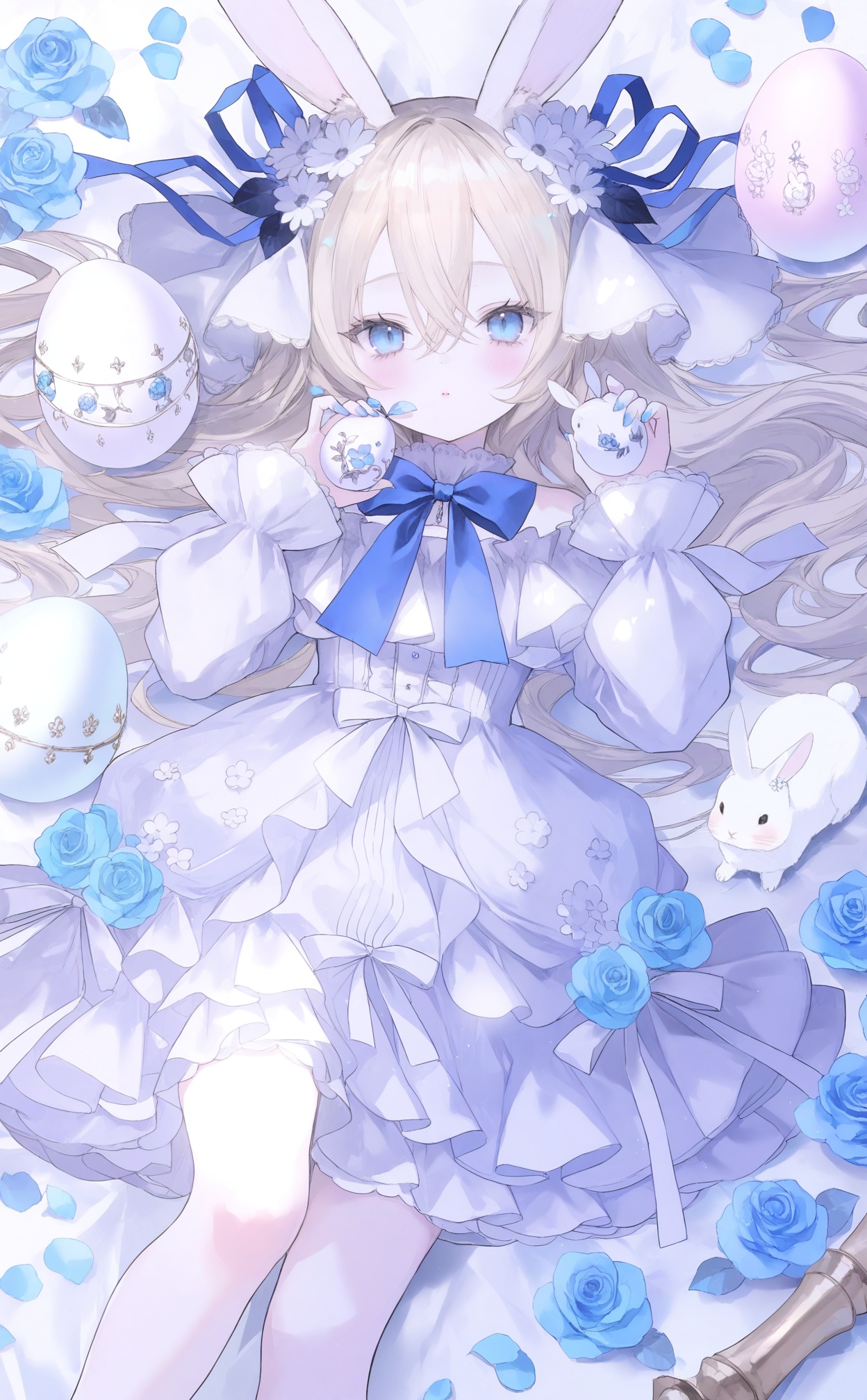 masterpiece,absurdres,best quality,loli,petite,high quality,chromatic_aberration,//,1girl,dress,flower,blue_eyes,animal_ears,blue_nails,blue_flower,rabbit,food,ribbon,rose,solo,rabbit_ears,blue_rose,fruit,white_dress,blue_ribbon,long_hair,looking_at_viewer,bow,frills,blonde_hair,apple,long_sleeves,hair_ribbon,nail_polish,bowtie,hair_between_eyes,on_back,hair_ornament,hair_flower,rabbit_girl,lying,frilled_dress,blue_bow,holding,egg,animal,dress_bow,crossed_bangs,off_shoulder,blue_bowtie,blush,white_ribbon,white_theme,off-shoulder_dress,blue_theme,parted_lips,petals,hands_up,//,//,<lora:guimao2——【noob】hans:1>,