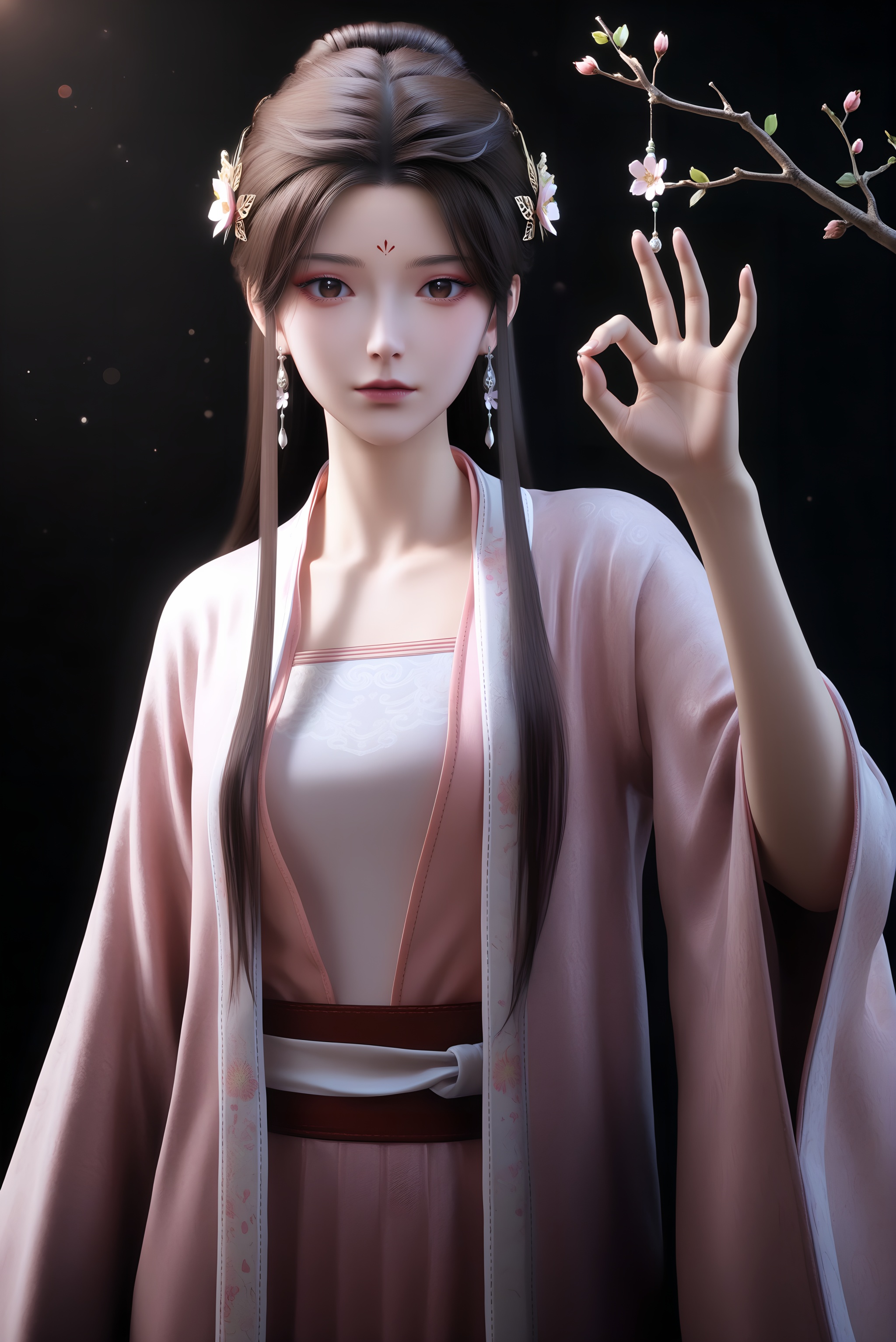 masterpiece,best quality,absurdres,highres,(glamor:1.1),(slender:1.1),skinny,<lora:苏檀儿-ill:0.85>,1girl,solo,flower hair accessory,hair flower,hair ornament,long hair,half-up bun,dark brown hair,jewelry,earrings,forehead mark,brown eyes,pupils,dilated_pupils,brown_pupils,silk robe,pink robe,layered outfit,beizi,ru top,waist sash,pink,looking at viewer,(front view),(ok_sign),BREAK(white_skin:1.1),(fair_skin:1.1),realistic,twig,branch,falling petals,simple background,black background,rim light,Volumetric Lighting,lens flare,Tyndall effect,depth of field,bokeh,sparkle,