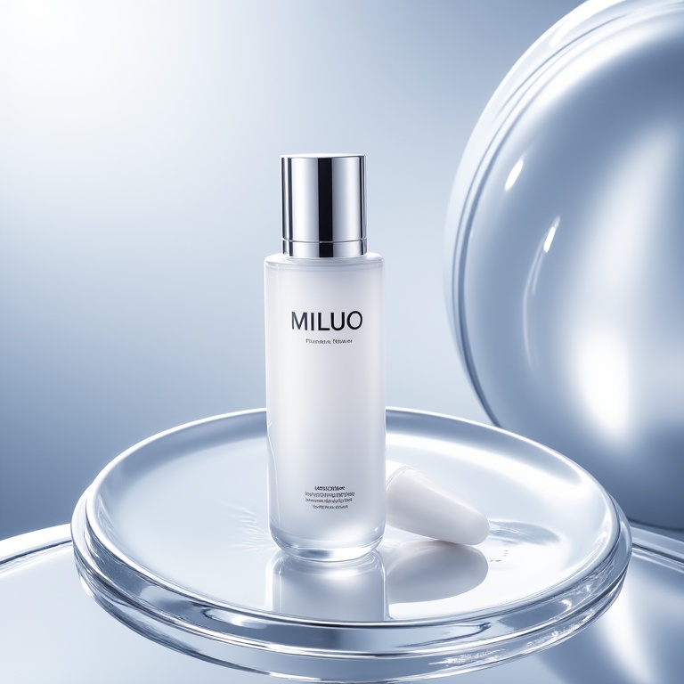 mids,A photograph of a white, cylindrical bottle with a silver cap, placed on a shiny, reflective surface. The bottle has a sleek, modern design with a glossy finish. The background is a gradient of blue and silver, with a circular pattern of smooth, reflective surfaces. The text on the bottle reads "MILUO" in a bold, black font. The overall aesthetic is minimalistic and minimalistic, with clean lines and a focus on the product.<lora:t-流体美妆v1.3:1>