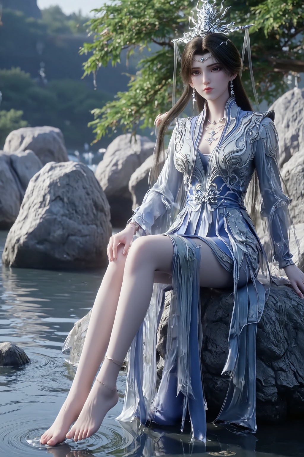 This is a highly detailed CGI image of a beautiful Asian woman with fair skin and long,dark hair,adorned in an ornate,silver and blue traditional Chinese qipao dress with intricate patterns. She wears a matching headdress and delicate jewelry,Her bare fair feet gently touched the water surface,a close-up of the feet,She sits on a rock by the water,legs crossed and extended outward,emphasizing the long line of her legs. Her feet are gently resting in the water,with toes slightly curled. Her right arm is relaxed,resting on her knee,while her left arm is bent,hand softly touching her hair. The pose highlights the natural grace and sensuality of her posture.,