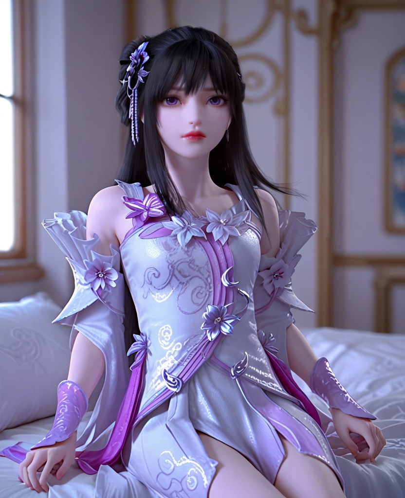 (oriental architecture, elegant decor, sophisticated style:1.1),Sitting on the edge of a bed, looking thoughtful,,(breasts:1.2),<lora:XL完美世界小月婵>,1minigirl,solo,dress of pinky white,detached sleeves,purple eyes,bangs,hair ornament,black hair,long hair,flower ornament,wristband,eyelashes,lips,, zPDXL2, score_9, score_8_up, score_7_up BREAK realistic, masterpiece,best quality, highly detailed,, zPDXL3, zPDXL2,zPDXL, zPDXLxxx, zPDXLrl,