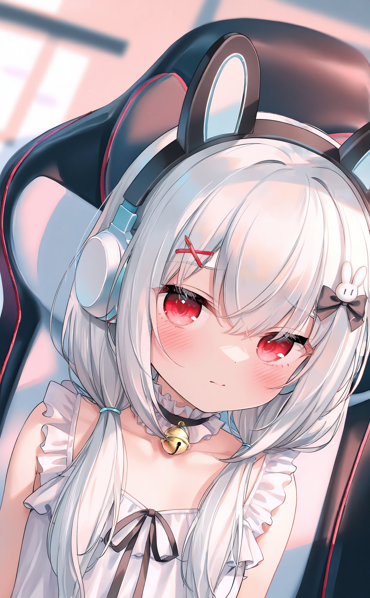 masterpiece,very aware,highres,absurdres,newest,best quality,loli,petite,high quality,chromatic_aberration,cinematic_angle,dutch angle,Light Blue Theme,//,1girl, swivel_chair, headphones, solo, fake_animal_ears, animal_ear_headphones, red_eyes, animal_ears, office_chair, rabbit_hair_ornament, twintails, long_hair, gaming_chair, hair_ornament, bell, on_chair, blush, low_twintails, chair, looking_at_viewer, white_hair, frills, hairclip, closed_mouth, sitting, x_hair_ornament, hair_bow, bow, neck_bell, rabbit_ears, collarbone, indoors, jingle_bell, white_dress, bare_shoulders, sleeveless, hair_over_shoulder, choker, upper_body, white_bow, hair_between_eyes, frilled_choker, off_shoulder, monitor, grey_hair, white_camisole, armchair//,//,official art,depth of field,detailed light,blurry background,best shadow,shiny skin,cinematic lighting,ray tracing,amazing quality,very aesthetic,absurdres,beast quality,ultra detailed,newest,8K,HDR,//,<lora:guizhencao——【noob】hans:0.88>,