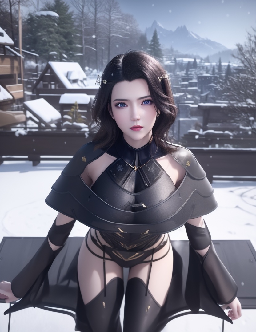 <lora:535-DA-炼气十万年-洛尘:0.8>(,1girl, ,best quality, ),looking at viewer,masterpiece, (( , )),, realistic,science fiction,mole, ultra realistic 8k cg, ,outdoors, snow, snowing,