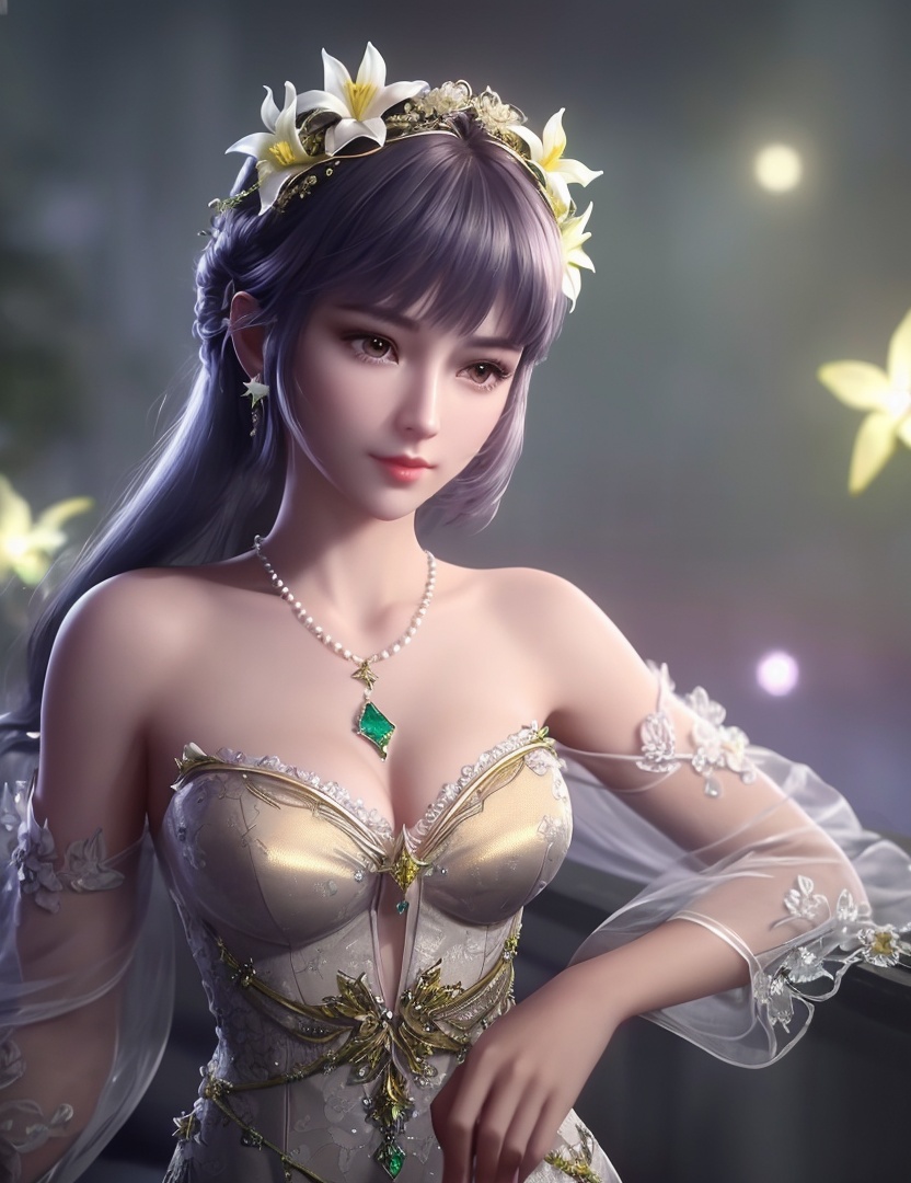 ultra realistic 8k cg, picture-perfect face, flawless, clean, masterpiece, professional artwork, famous artwork, cinematic lighting, cinematic bloom, perfect face, beautiful face, fantasy, dreamlike, unreal, science fiction,   lace, lace trim, lace-trimmed legwear,  (rich:1.4), prestige, luxury, jewelry, diamond, gold, pearl, gem, sapphire, ruby, emerald, intricate detail, delicate pattern, charming, alluring, seductive, erotic, enchanting, hair ornament, necklace, earrings, bracelet, armlet,halo((,1girl, pov,))  ((, 1girl, solo, star_\(symbol\),lily \(flower\),hair flower, dress, jewelry))<lora:DA_BaiChenXiang:0.6>