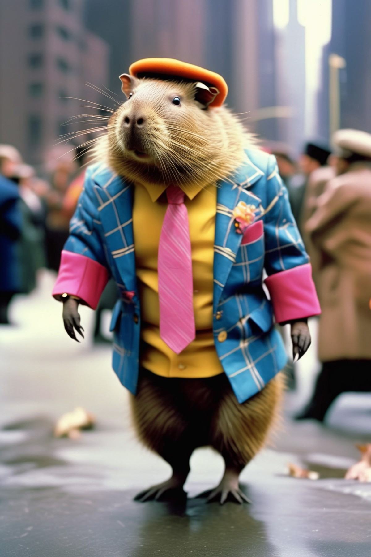 Dressed animals - Anthropomorphic capybara as as a 1980s fashion icon on the new york fashion show on Tensor.Art