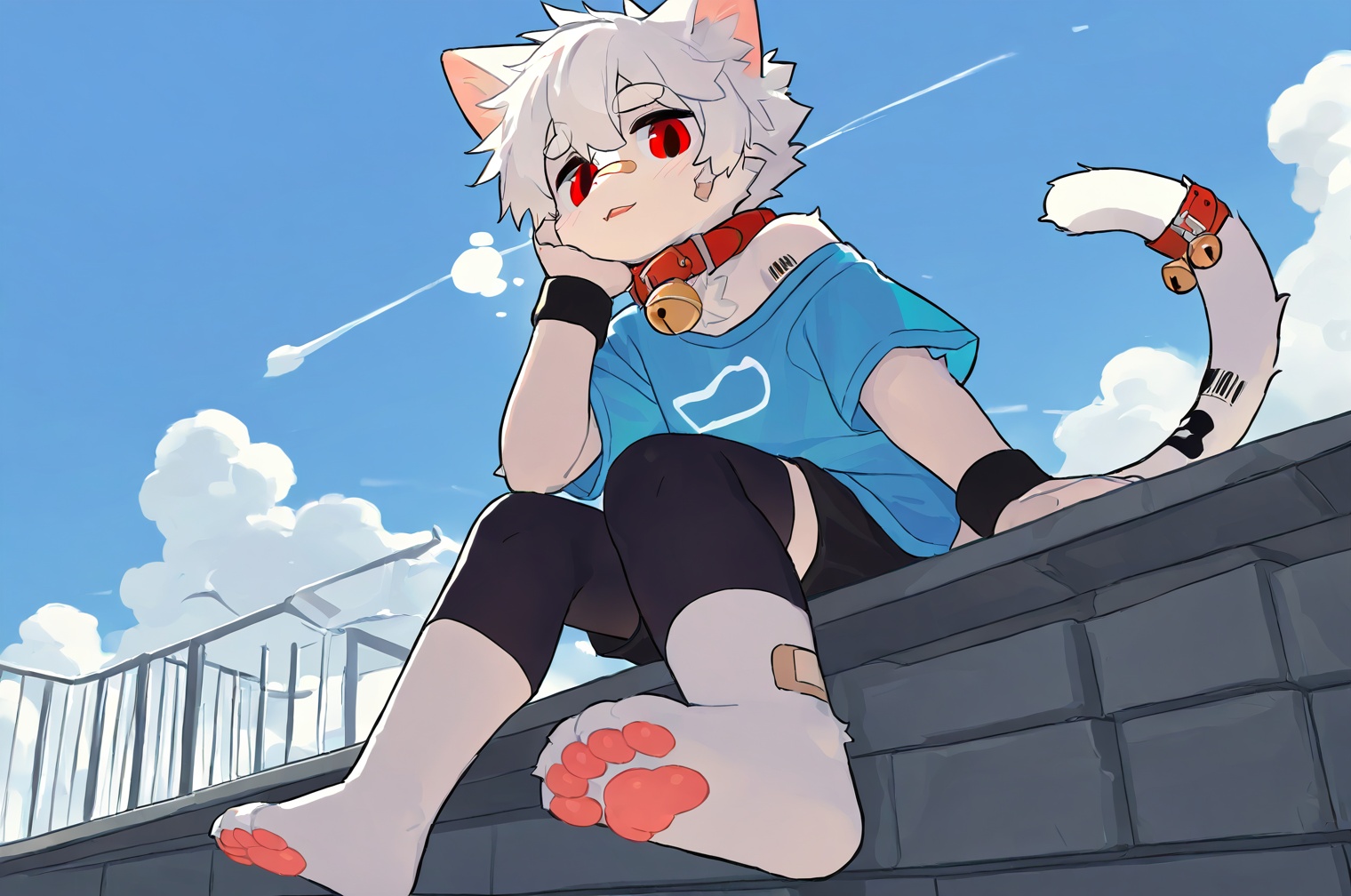 Right mid length drooping frontal hair,(Asymmetric hair on the temples:1.2),Expose left shoulder,wristband,thick eyebrows,barcode tattoo,heavy_breathing,AKIRA,cat boy,1boy,solo,male_focus,(white_hair:0.8),red eyes,[bell on collar,Collar,Cortical collar,Large collar],(blue t-shirt,black_leggings under shorts,black bike_shorts),(barefoot) BREAK dutch angle,vanishing point,sitting on rooftop,(blue sky,cloud,wind),(masterpiece, best quality:1.1),foot focus,bandage on nose,bandage on leg,Tail decoration,cat tail,furry,<lora:雨α:0.4>,