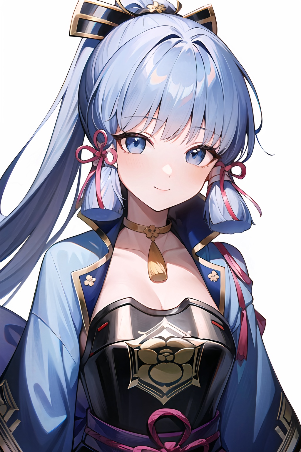 (masterpiece, best quality:1.2),insanely detailed,absurdres,ultra-highres,ultra-detailed,best quality,slender,kawaii,perfect symmetrical face,ultra cute girl,ultra cute face,ultra detailed eyes,ultra cute,ultra beautifu,<lora:kamisato ayakaV2-000006:1>,kamisato ayaka\(flawless radiance\),kamisato ayaka,1girl,solo,ponytail,hand fan,armor,holding,long hair,looking at viewer,holding fan,white background,smile,simple background,ribbon,breastplate,blue hair,hair ribbon,breasts,japanese armor,grey eyes,
