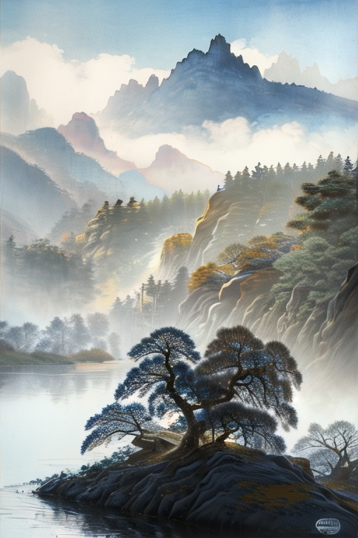 landscape painting, Landscape Ink Painting, outdoors, sky, cloud, water, tree, scenery, rock, mountain