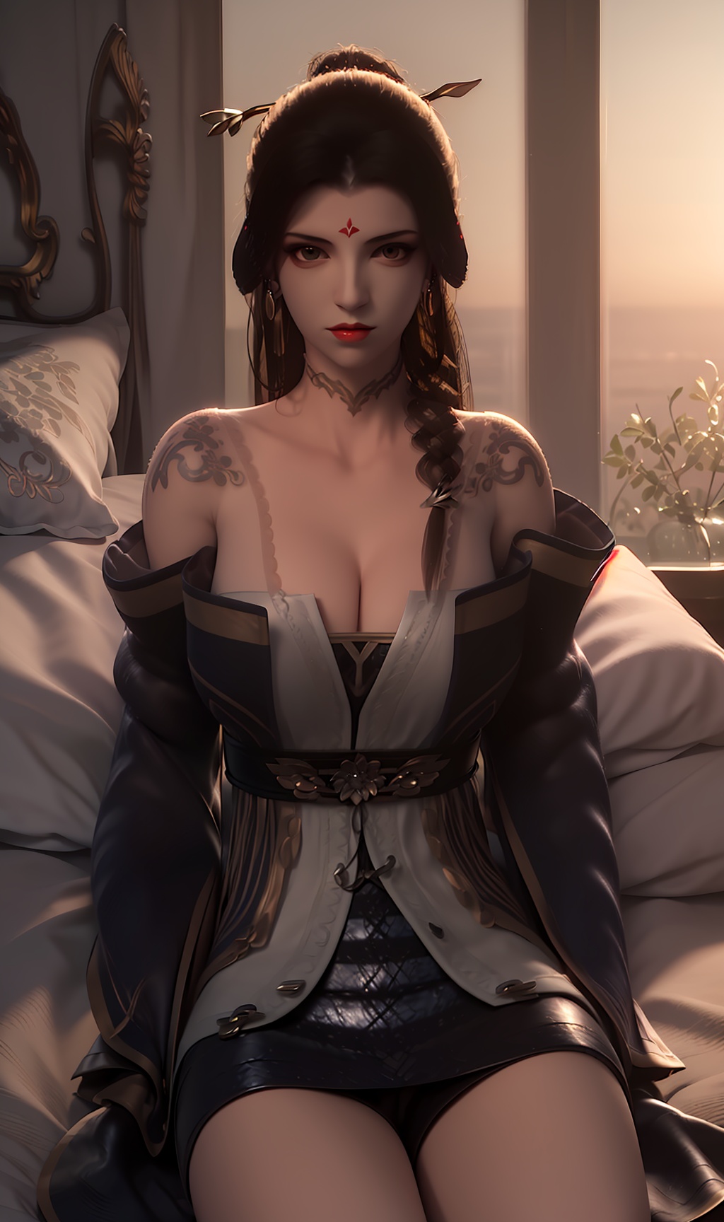 3D,masterpiece,(best quality),(makeup),official art, extremely detailed cg 8k wallpaper,((crystalstexture skin)), (extremely delicate and beautiful),(highly detailed),(face),(collar),(cleavage),(long_sleeves),(pigtail),(hairpin),(facial_mark),(tattoo),(1girl), (solo), (jewelry), (earrings),(black_hair),(long_hair),(hair_ornament),(handwear),(breasts),(sitting),((upper_body)),(bare_shoulders),(closed_mouth),(off-shoulder_dress),(black_shorts_skirt),(multicolored_clothes),(multicolored_dress),(shiny_clothes),(city,outdoor,(bed)),(long_legs),(robe),,((looking_at_viewer)),((Facing the camera)),, <lora:hipoly3DModelLora_v10:0.3>