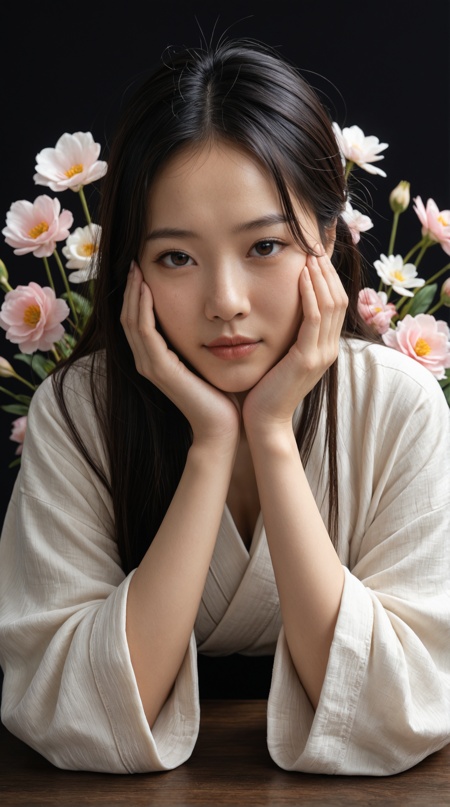 masterpiece, detailed_eyes, high_quality, best_quality, highres, absurdres, 8k, blooming flowers, korean woman, head resting on hands pose, black background