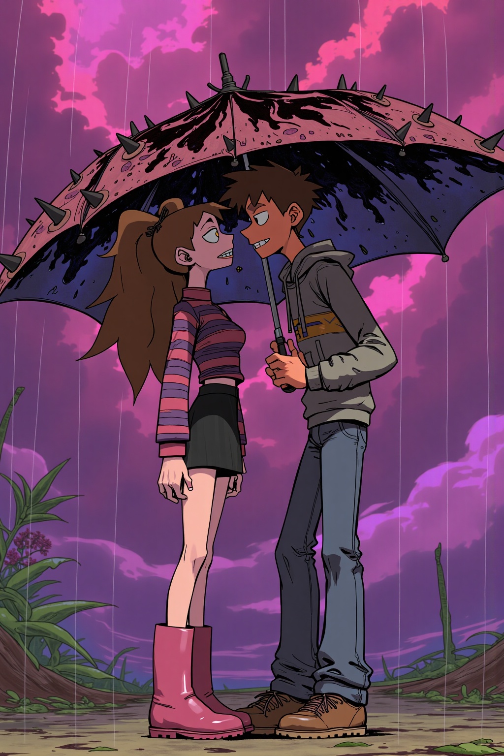 beijihui,An animated cartoon image of a boy and girl holding an umbrella. The boy is wearing a gray jacket, blue jeans, and brown shoes. The girl is wearing pink boots and a striped shirt. She is also wearing a black skirt. The umbrella she is holding is black with spikes on it. The sky behind them is purple with pink clouds. To the left of the girl is a green plant.