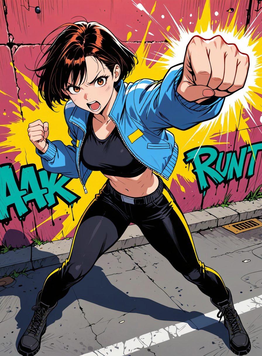 an athletic anime girl in a cropped jacket and combat boots throwing a punch in an urban street,  dynamic foreshortening,...