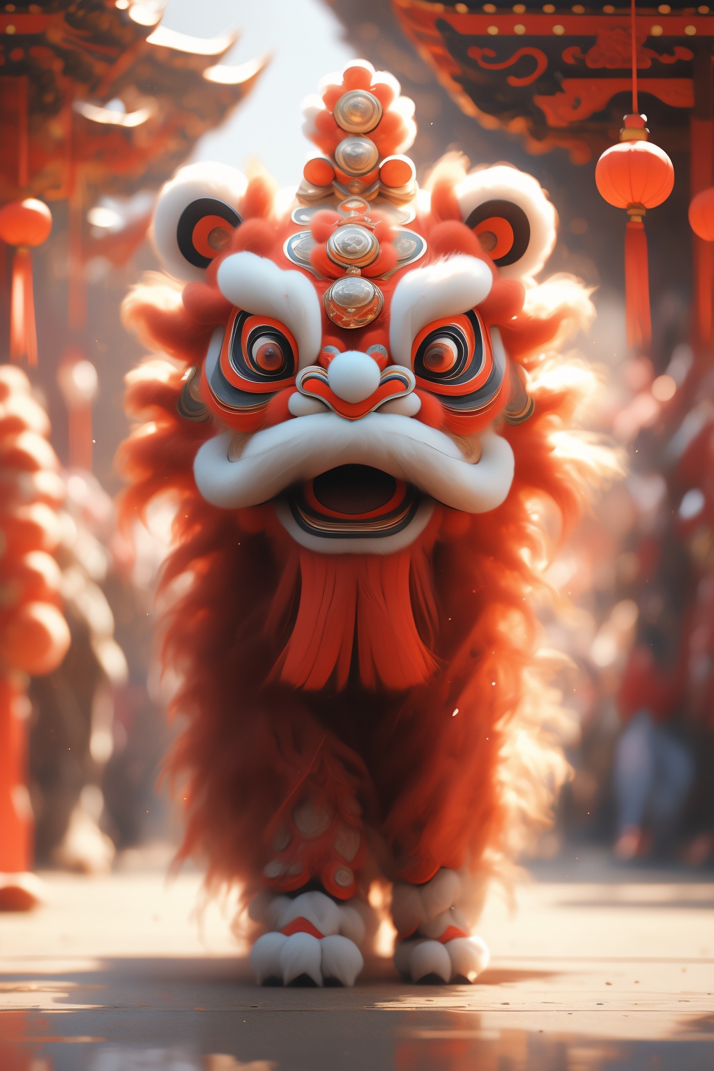 Chinese lion dance,solo,outdoors,no humans,standing,full body,blurry,day,wind,<lora:xingshi-000008:0.6>,red_background,festive atmosphere,, masterpiece, best quality,