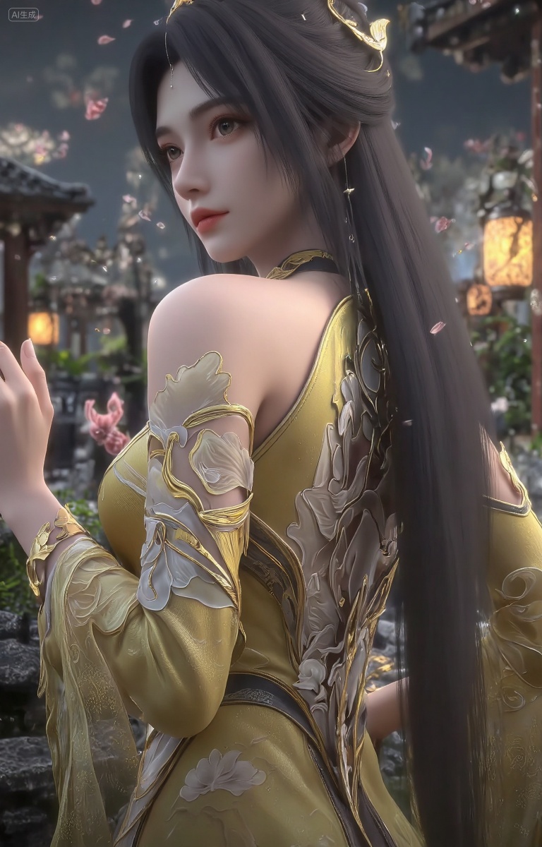 This is a highly detailed CGI rendering of a beautiful,fair-skinned woman with long,dark hair adorned with gold and white accessories. She wears an elaborate,golden-yellow dress with intricate floral patterns and a choker. Her expression is serene,with a slight smile. The background is a blurred,dark blue gradient.,, The scene is a serene ancient Chinese courtyard captured in a **low-angle wide shot**,where raindrops dynamically splash against stone pathways and lotus ponds in the foreground,creating ripples that reflect the soft glow of lanterns. The **middle ground** features traditional wooden pavilions with upturned eaves,their surfaces glistening under the rain,while **wisps of mist** drift between stone pillars and bonsai trees. In the **background**,beams of light pierce through the rain curtain,creating a **Dramine effect** that highlights the rain's texture and depth. The **sky** is a deep,moody gray,contrasting with the warm amber light spilling from paper lanterns,which casts elongated shadows and illuminates cascading rain in the air. The **crimson petals of plum blossoms** mingle with raindrops,adding vibrant splashes of color against the monochrome backdrop.,, masterpiece,best quality,astonishing quality,ultimate aesthetics,absurd,best quality,ultimate aesthetics,masterpiece,emotional masterpiece,extraordinary above all,mastery of details,, Negative prompt: ng_deepnegative_v1_75t,(badhandv4:1.2),EasyNegative,(worst quality:2),,nsfw, Steps: 30, Sampler: DPM++ 2M, CFG scale: 3.5, Seed: 854563991, Size: 768x1200, Model hash: 062dad72b2, Model: 麦橘超然majicFlus_v1.safetensors, Denoising strength: 0, RNG: CPU, Lora 1: 20250820-1755705975731-0010, Lora Hash 1: cf2836352b, Lora Weight 1: 1.0, Controlnet 0: "preprocessor: depth_anything, model: InstantX-FLUX.1-dev-Controlnet-Union-Pro-2.0, weight: 0.6, starting/ending: (0.0, 0.6), resize mode: Crop and Resize, pixel_perfect: False, control mode: Balanced, preprocessor params: (512, None, None)", vae_name: automatic