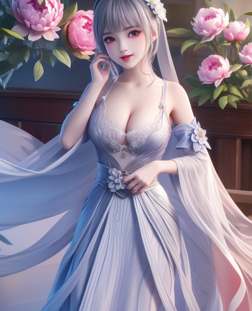 <lora:554-DA-武动乾坤-林青檀-V2:0.8>(,1girl, ,best quality, ),looking at viewer,  ,,ultra detailed background,ultra detailed background,ultra realistic 8k cg, , ,masterpiece, (( , )),,, ultra realistic 8k cg, ,      ,peony \(flower\),(cleavage), (),