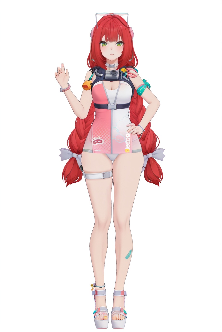 8k,best quality,masterpiece,(ultra-detailed),(high detailed skin),(by nanoless, by misumi \(macaroni\),:0.5),A full-body portrait of a young girl,standing gracefully,pastel art style,high-key lighting,shoujo manga influence,hd quality,delicate details,full body,full shot,standing,looking at viewer,(solo:1.2),simple background,(white background:1.2),<lora:fuaizzz-sd-Tanger:0.85>,Ukinami Yuzuha \(Zenless Zone Zero\), clothes: Yuzuhasw swimsuit, Yuzuhasw pink mini dress, 1girl, bare legs,green eyes,long hair, twin braids, braid, green eyes, breasts, red hair, jewelry, bracelet, bangs, Yuzuhasw thigh strap, eyewear on head