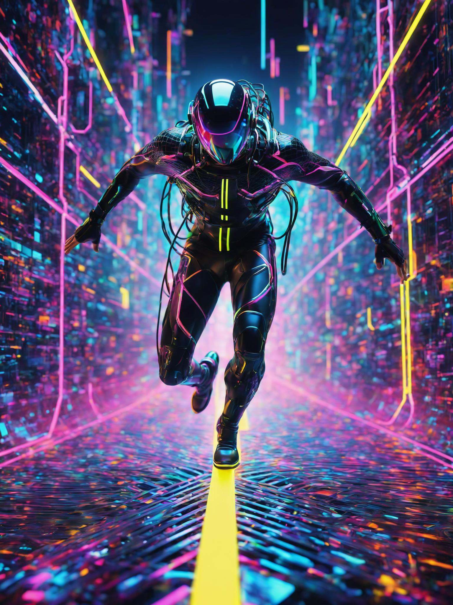 Psychedelic net dive,  a cyber-surfer navigating through a web of neon-lit data streams,  dodging digital obstacles with f...