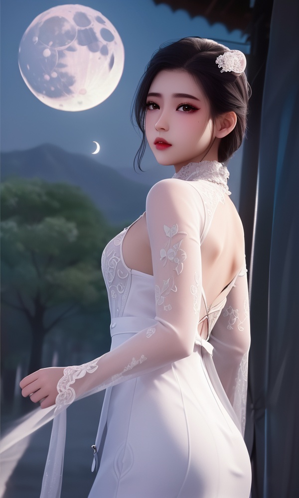 (,1girl, ,best quality, ),looking at viewer, <lora:409-DA-师兄啊师兄-皖江雨:0.8> ,ultra detailed background,ultra detailed background,ultra realistic 8k cg, ,masterpiece, (( , )),, ,fiction,mole,,      ,(()), (),  ,see-through, lace, (((, solo, moon, , bare_tree, )))(()),