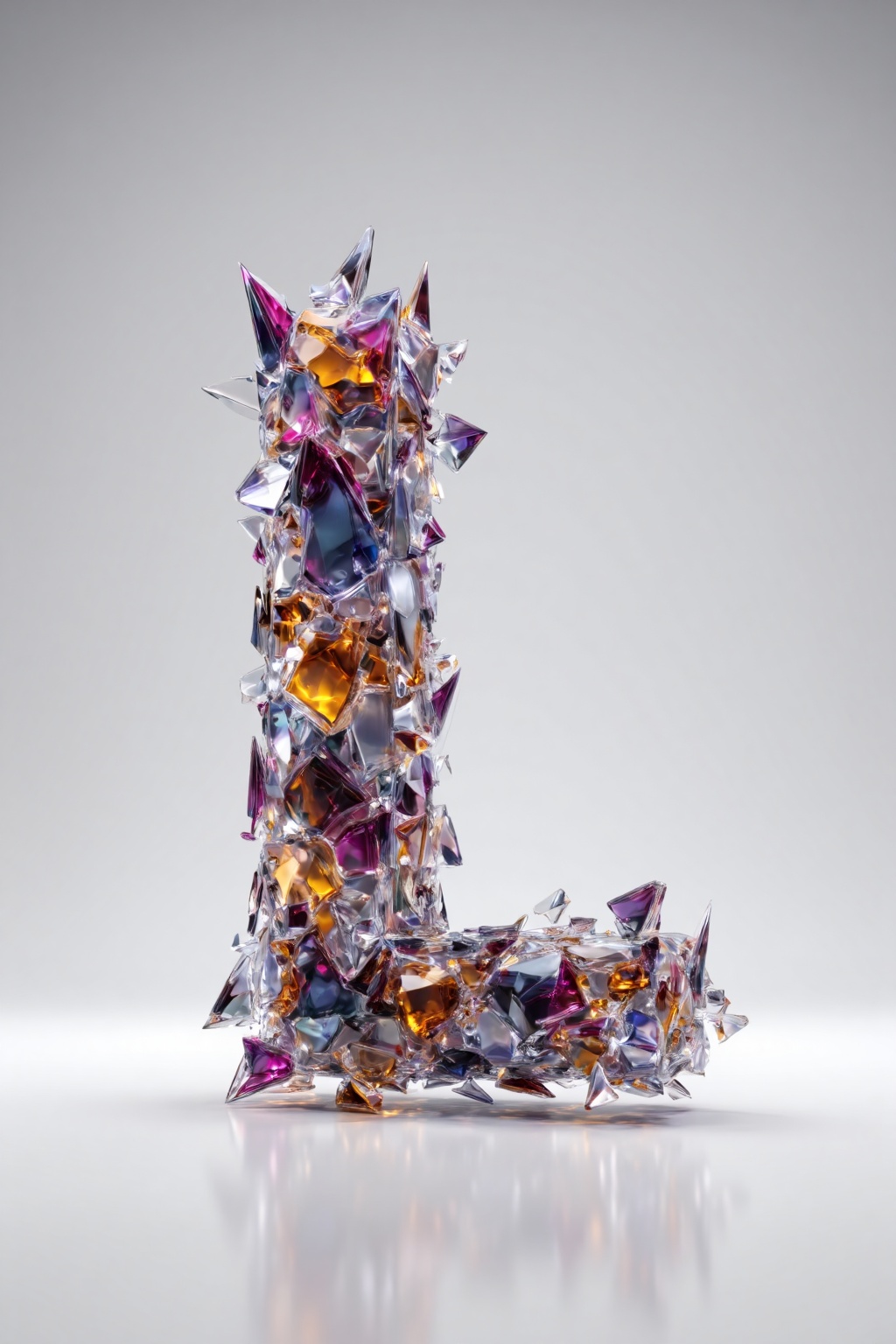 beijihui,3D icon design of letter 'L',**** of mosaic of colored glass shards with reflective facets and sharp edges,hyperrealistic,hyperdetail,front view,studio lighting,100mm lens,white solid background,