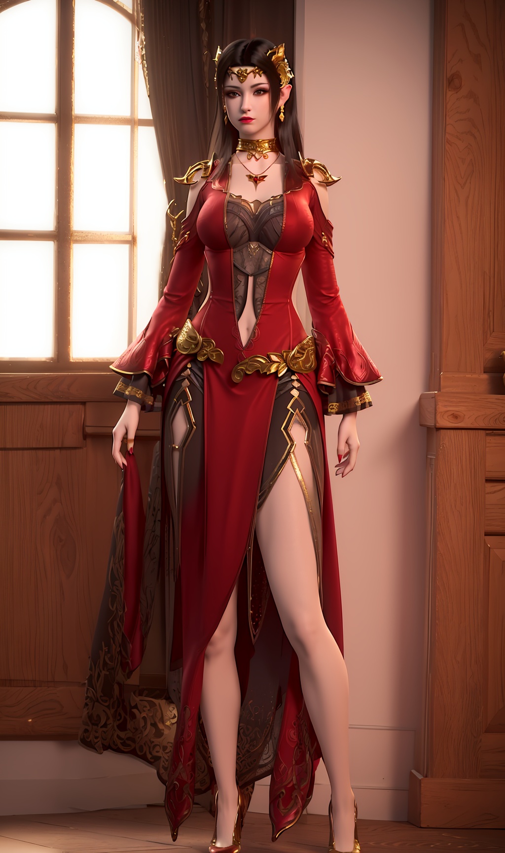 3D,masterpiece,(best quality),(makeup),official art, extremely detailed cg 8k wallpaper,((crystalstexture skin)), (extremely delicate and beautiful),(highly detailed),(face),headpiece,(collar),(tiara),(gold_trim),(shoulder_armor),(long_sleeves),(1girl), (solo), (jewelry), (earrings),(black_hair),(long_hair),(hair_ornament),(handwear),(breasts),(standing),((full_body,whole_body)),(dress),(short_skirt),(multicolored_clothes),(multicolored_dress),(shiny_clothes),(city,indoor),(long_legs),(sash),(navel),(bodysuit),,((looking_at_viewer)),((Facing the camera)),(high_heels),(Red_inlaid_with_gold_shoes),, <lora:hipoly3DModelLora_v10:0.3>