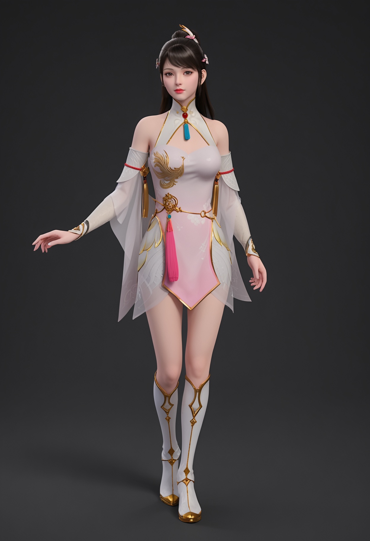 (perfect_anatomy:1.1),(full_body:1.1),<lora:YQ_pony_cangyuegongzhu_V4:0.8>,q1528437228,1girl,solo,long hair,hair ornament,black hair,dress,jewelry,bare shoulders,chinese clothes,ponytail,white dress,detached sleeves,earrings,china dress,brown eyes,brown hair,realistic,breasts,clothing cutout,hair flower,lips,cleavage cutout,boots,hair bun,knee boots,white footwear,bracelet,makeup,red lips,swept bangs,see-through,pink dress,black eyes,sleeveless,(looking_at_viewer:1.1),perfect_anatomy BREAK perfect_anatomy,solo focus,(score_9:1.2),masterpiece,(best quality:1.1),(simple background,pure black background,black background:1.1),perfect_anatomy,
