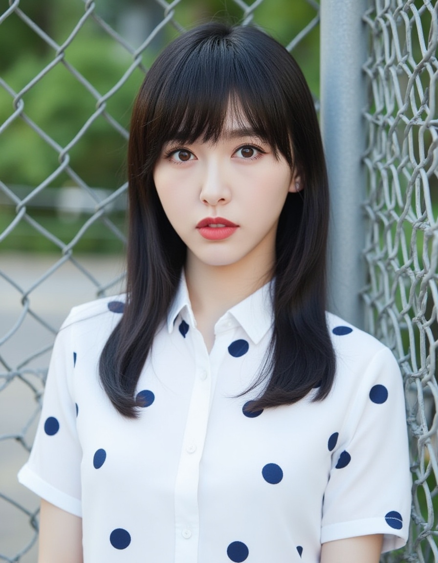 A photograph of a young East Asian woman with straight, long black hair and bangs, wearing a white short-sleeved shirt with blue and dark blue polka dots. She has fair skin, a slim build, and is standing in front of a metal chain-link fence, with greenery visible in the blurred background. Her expression is neutral, and she has a delicate, natural makeup look with red lipstick.