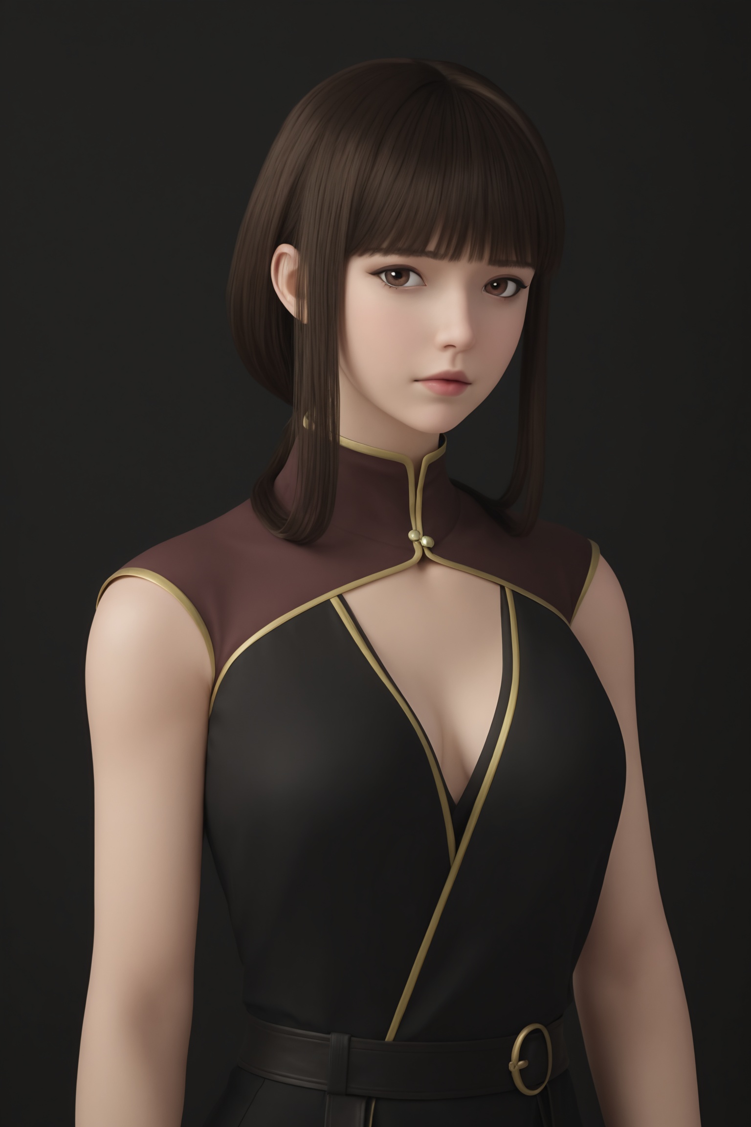 breasts,black background,simple background,standing,looking at viewer,<lora:灵笼-荷光者梵律IL:0.7>,1girl,straight,dark brown hair,bangs, large and almond-shaped eyes,form-fitting,sleeveless black dress,high collar and gold accents.,