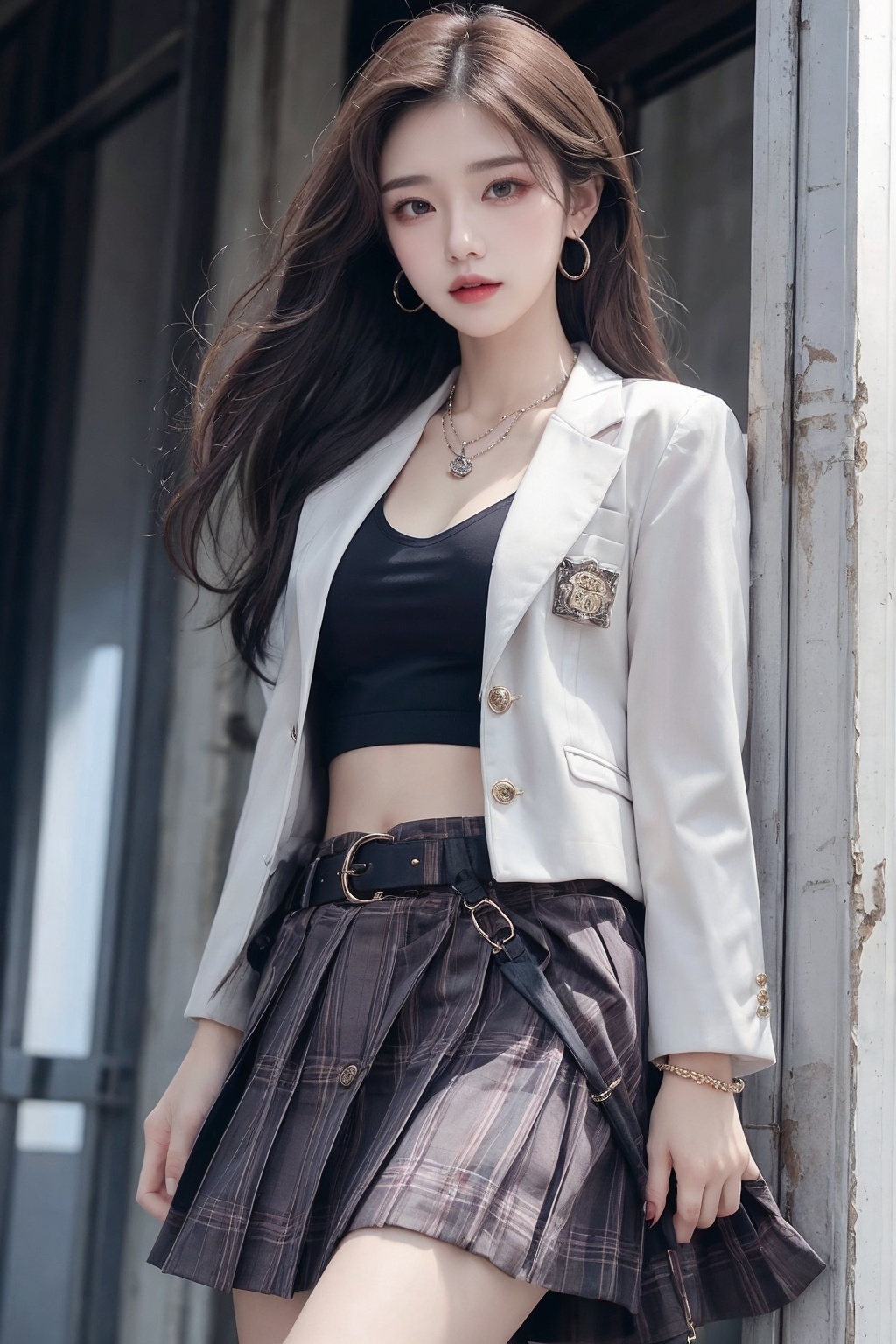 1girl, belt, bracelet, braid, breasts, earrings, jacket, jewelry, long hair, looking at viewer, midriff, nail polish, necklace, open clothes, plaid, plaid skirt, ring, skirt, solo  <lora:jk美女:0.66>