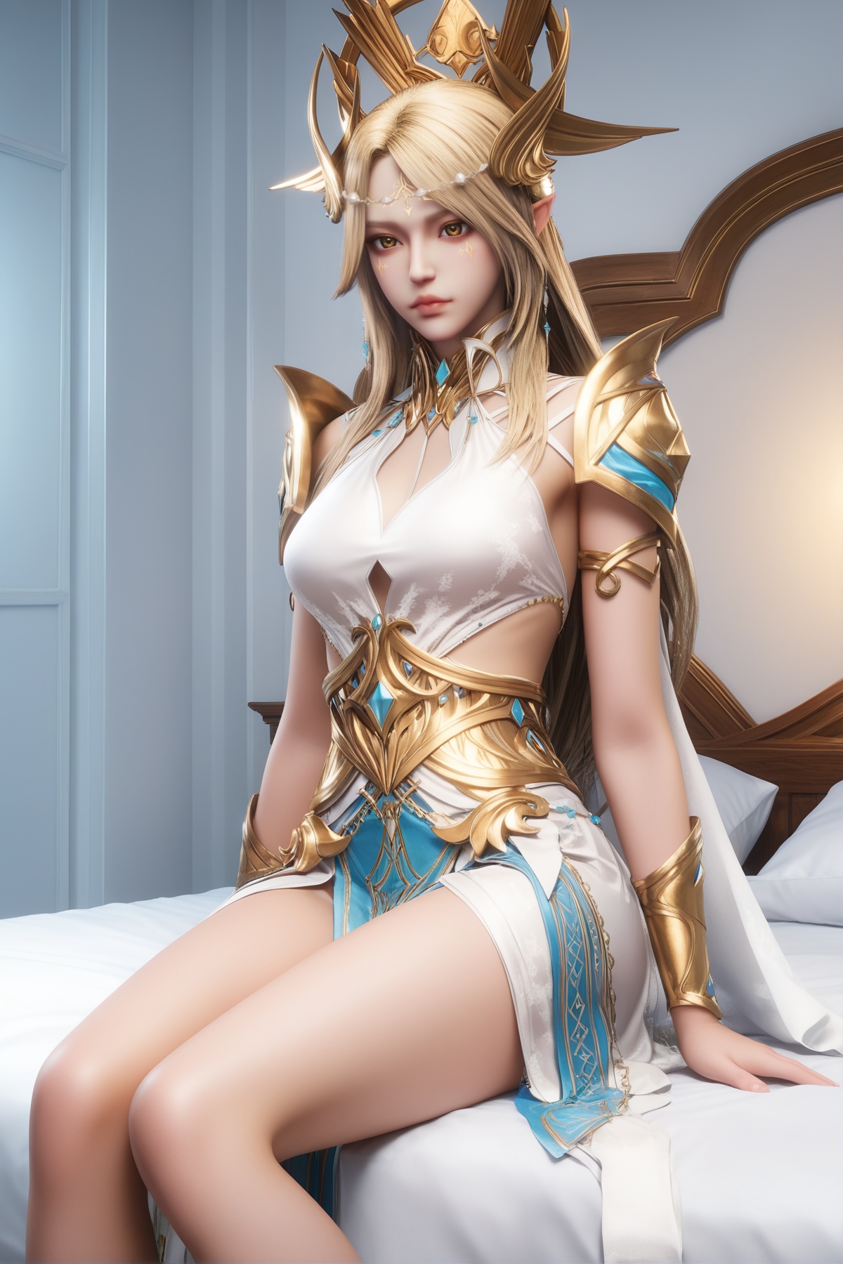 masterpiece,best quality,realistic,cinematic,detail eyes,(ultra-detailed),perfect composition,intricate details,absurdres,detailed face,high quality,high res,8K,<lora:X_guangmingnvshen_IL4.2:0.8>,blonde hair,golden eyes,facial mark,forehead mark,1girl,long hair,breast,medium breast,hair_ornament,dress,bare_legs,sitting,bed,looking_at_viewer,white wall,