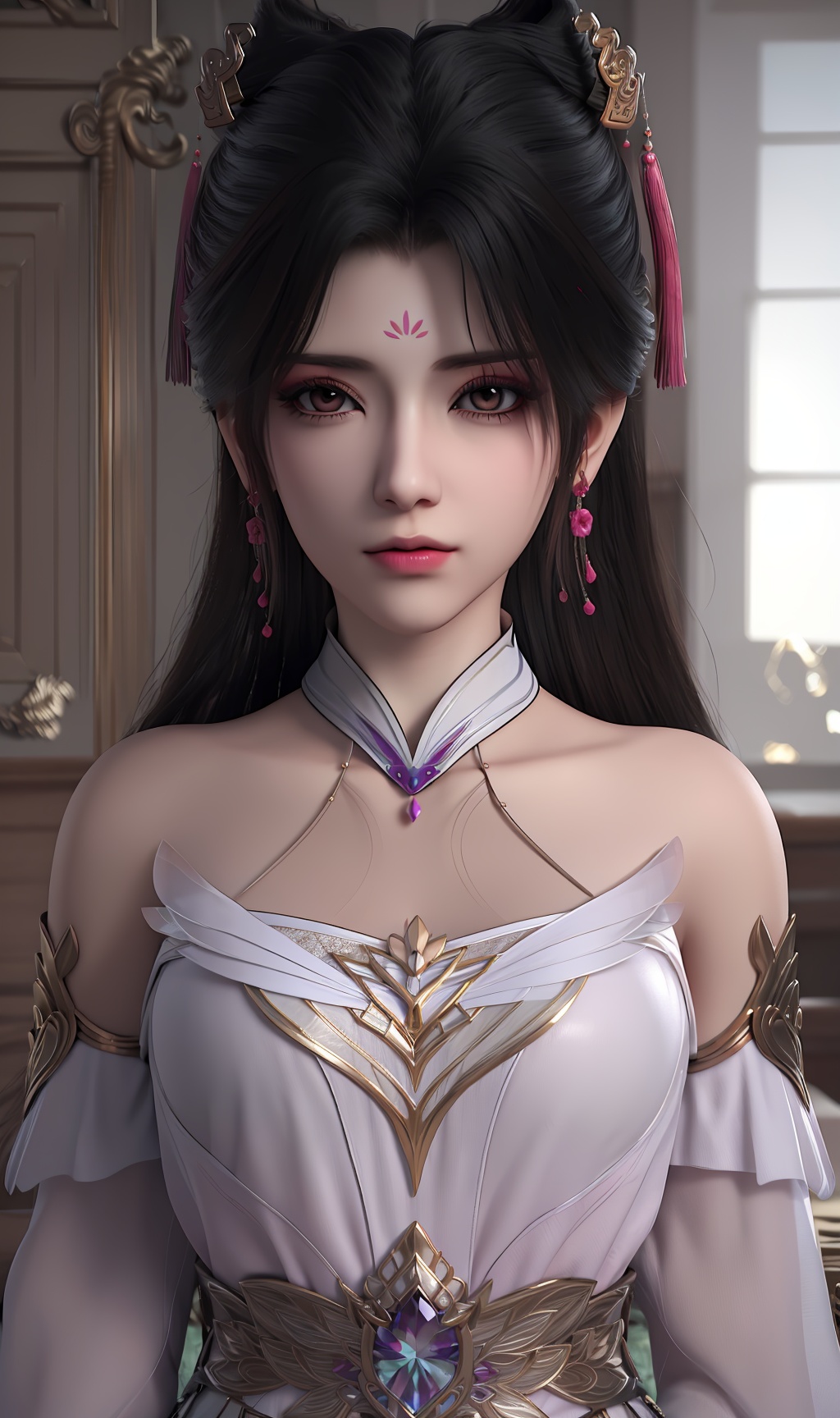 3D,masterpiece,(best quality),(makeup),official art, extremely detailed cg 8k wallpaper,((crystalstexture skin)), (extremely delicate and beautiful),(highly detailed),(face),(collar),(long_sleeves),(1girl), (solo), (jewelry), (earrings),(black_hair),(long_hair),(hair_ornament),(handwear),(breasts),(upper_body),(closed_mouth),(off-shoulder_dress),(chinese_clothes),(multicolored_clothes),(multicolored_dress),(shiny_clothes),(bare_shoulders),(city,indoor,bed),,((looking_at_viewer)),((Facing the camera)),, <lora:hipoly3DModelLora_v10:0.3>