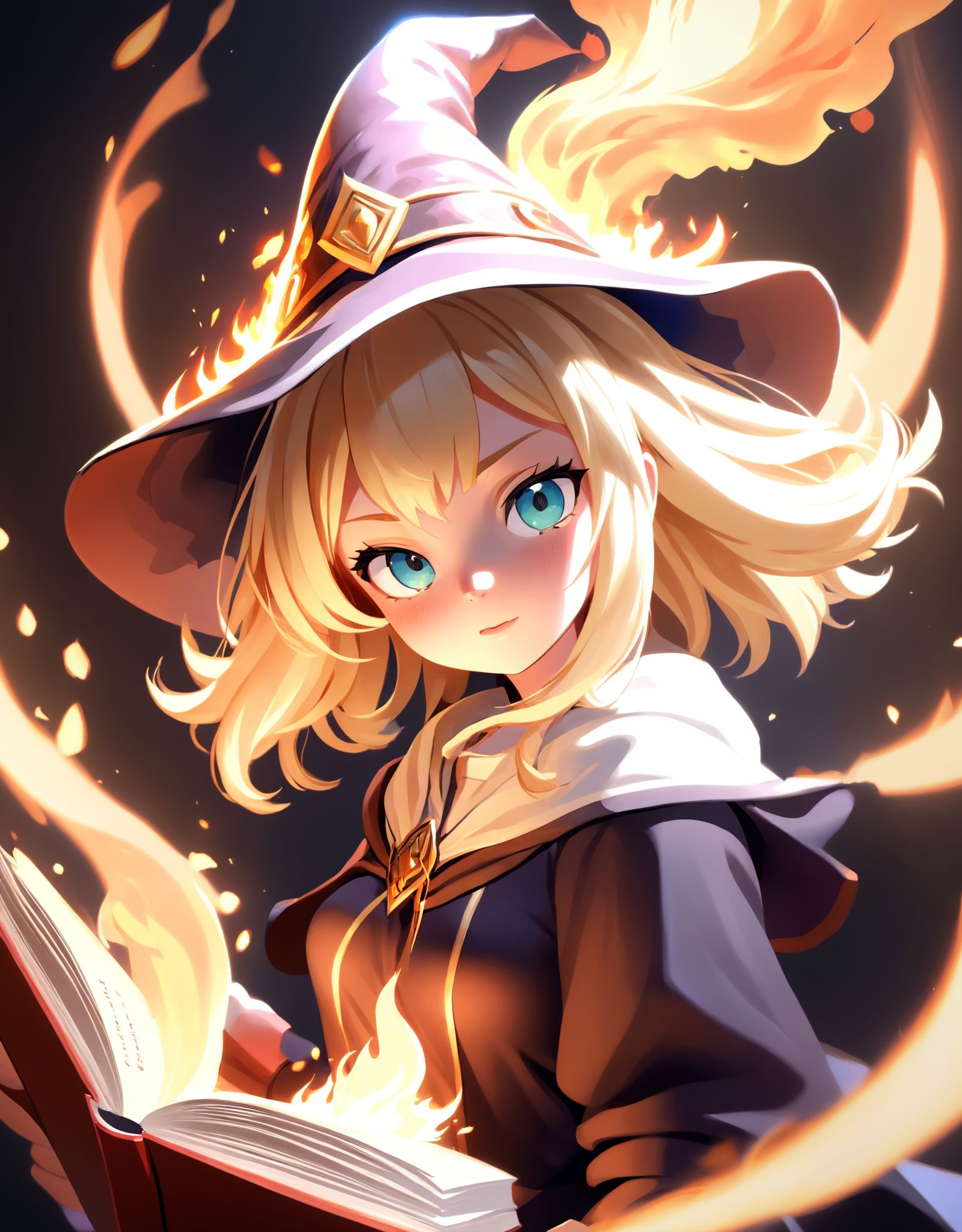 blonde 1 girl,  {{Floating Fire Magic Spell and a burst of flam}},  book on Tensor.Art