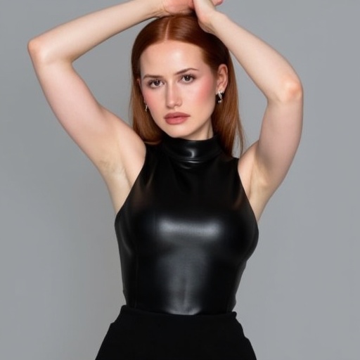Photograph of a fair-skinned woman with straight,  shoulder-length red hair,  standing against a plain gray background. Sh...