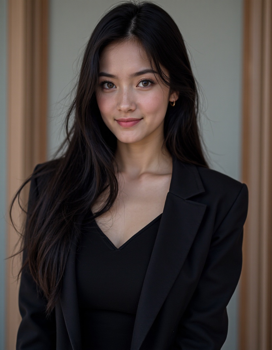 film grain, 1girl, solo, realistic, black hair, looking at viewer, dress, long hair, smile, dress, breasts, suit, brown eyes, photorealistic, lips, upper body,