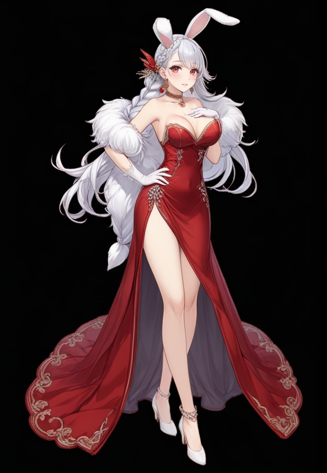 (best quality), ((masterpiece)), (highres), illustration, original, extremely detailed,   <lora:死の爱丽丝:0.7>1girl, breasts, solo, animal ears, dress, long hair, gloves, red eyes, red dress, rabbit ears, braid, very long hair, large breasts, high heels, white background, full body, looking at viewer, white hair, simple background, elbow gloves, red gloves, standing, cleavage, white footwear, bare shoulders, jewelry, side slit, choker, earrings, fake animal ears, single braid, long dress, mole, feather boa, long legs, thighs, bangs, mole under eye, strapless, legs, extra ears, hair ornament, official alternate costume, covered navel, hand on own chest, no background