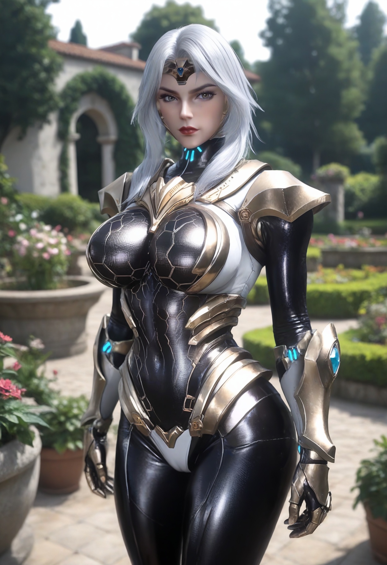 score_9,<lora:SF_FaEr_Pony_Realism2.3-000003:0.7>,1girl,solo,armor,bangs,jewelry,white hair,large breasts,standing,fair_skin,white_skin,Ivory_skin,looking at viewer,depth of field,day,suneate,garden,