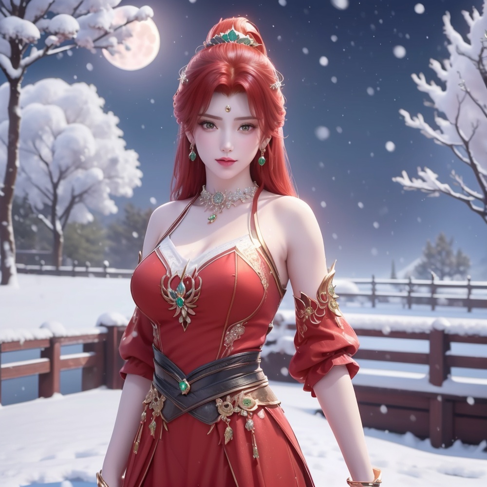 <lora:斗破苍穹-唐火儿:0.8>,red hair,  (,1girl, ,best quality, ),looking at viewer,  ultra realistic 8k cg, picture-perfect face,   clean, masterpiece,     cinematic lighting, cinematic bloom, fantasy,  , unreal, science fiction, ((,1girl, pov,))(((,tree, 1girl, full moon,snowing,snow ,solo,     solo focus,  long_hair, looking_at_viewer,  )))  (rich:1.4,)     prestige, luxury, jewelry, diamond, gold, pearl, gem, sapphire, ruby, emerald, intricate detail, delicate pattern, charming, alluring, seductive, erotic, enchanting, hair ornament, necklace, earrings, bracelet, ,