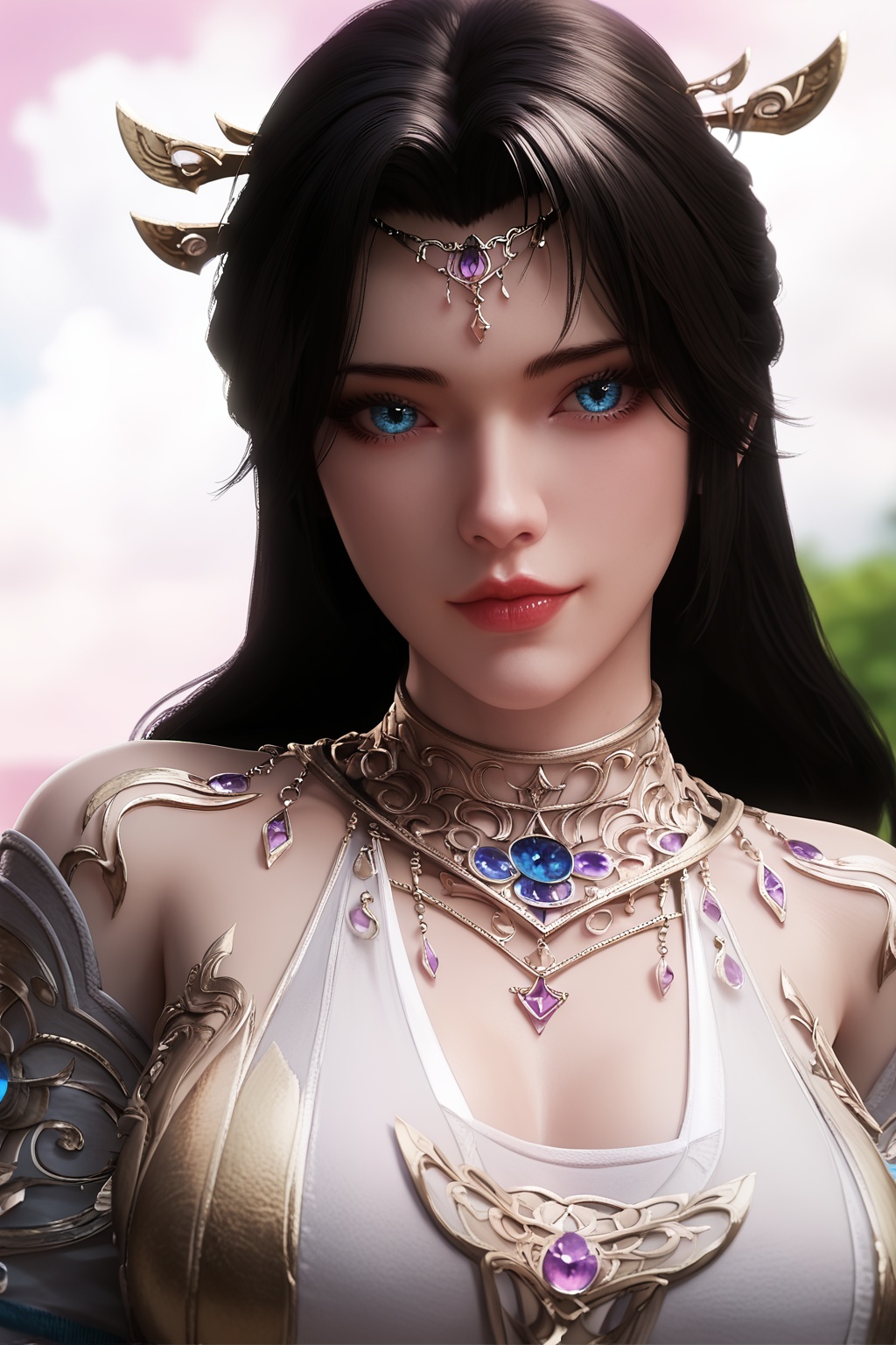 score_9,score_8_up,score_7_up,source_realistic,rating_safe,<lora:monv-000008:0.95>,monv,upper body,(looking at viewer),1girl,solo,blue eyes,forehead jewelry,jewelry,hair ornament,necklace,clothing cutout,detached sleeves,detached collar,collared dress,outdoors,nature,cloud,pink sky,blurry background,