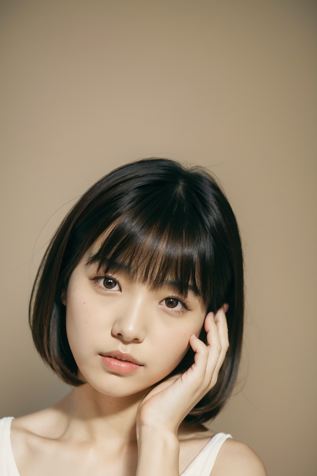1girl,Camera film style,asians,a young woman with short, straight brown hair and bangs. She is gazing directly at the camera, with a thoughtful expression. She has a light beige top and is holding her face with her hand, touching her chin. The background is a muted gray, creating a calm and serene ambiance, masterpiece,best quality,