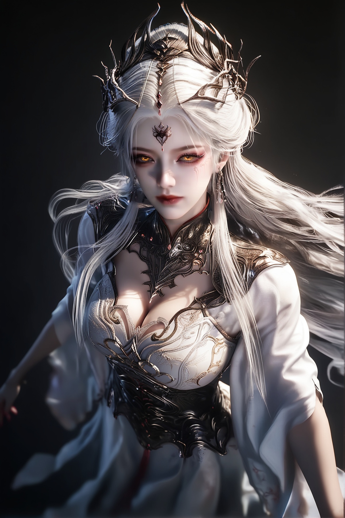 score_9,score_8_up,score_7_up,<lora:wy_aishen_xs_XL7.0:0.7>,1girl,long hair,white hair,yellow eyes,cleavage,big breasts,hair_ornament,dress,white dress,wetting,simple background,realistic,photorealistic BREAK high detailed skin,(detailed skin:1.1),Skindentation,skin depression,highly detailed,ultra-high resolution,32K UHD,sharp focus,best-quality,masterpiece,unconventional supreme masterpiece,masterful details,with a high-end texture,Dynamic Angle,(Dynamic posture:1.1),<lora:lowlight_r2:0.2>,<lora:绪儿古风XUER gufeng:0.6>,XUER gufeng,<lora:zy_Realism_Enhancer_v2:0.2>,<lora:皮肤凹痕:0.5>,<lora:Add_more_details_V2_XLpony:1>,full_details,<lora:DarkerThanDarkV0.8:0.2>,dark,between_breasts,