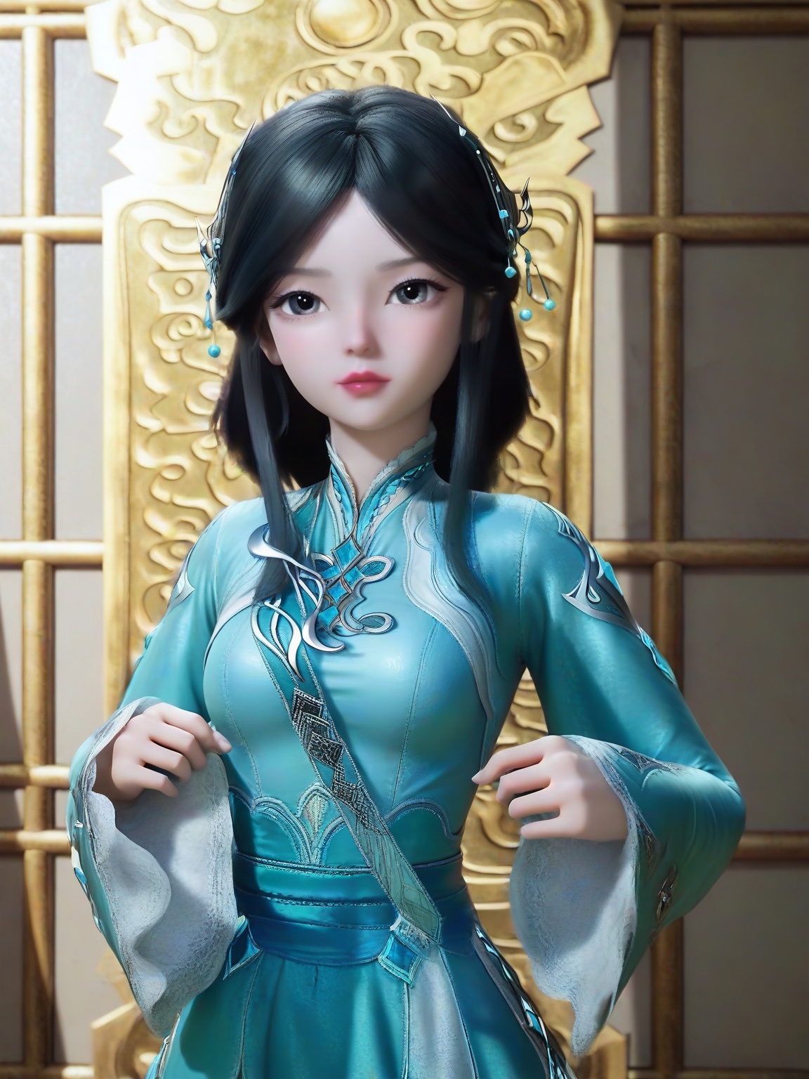 score_9,1girl,solo,SFNingRongRongPony,black eyes,breasts,medium breasts,hair ornament,sleeves, black hair,aqua dress,cowboy shot, eyelashes,standing, lipstick,looking at viewer,indoors, <lora:SF_NingRongRong_Child_Pony_Realism2.3-000004:0.7>,