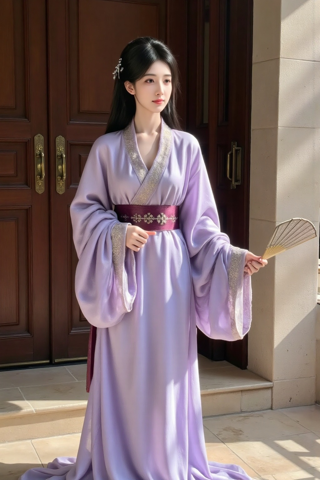 War robe,girl,This is a high-resolution photo of an Asian young woman dressed in traditional Hanfu,a historic Chinese garment. The woman has fair skin and is wearing a flowing purple long-sleeved V-neck robe,adorned with delicate gold embroidery at the neck and hem,adding a touch of elegance and refinement. She wears a purple-red sash tied around her waist,emphasizing her slender figure.,Her hair is styled in an elaborate chignon,decorated with delicate silver hairpins,adding a touch of refinement. In her right hand,she holds a small fan,which is open and placed casually beside her. The background features a wooden door with brass handles,suggesting an indoor setting,possibly within a traditional Chinese residence or a historical museum. The door is partially open,allowing sunlight to cast warm light on the woman,creating soft natural light that enhances the texture of her clothing. The floor is tiled with light beige tiles,adding a sense of serenity and tradition to the scene. The overall atmosphere is one of elegance and cultural heritage.,