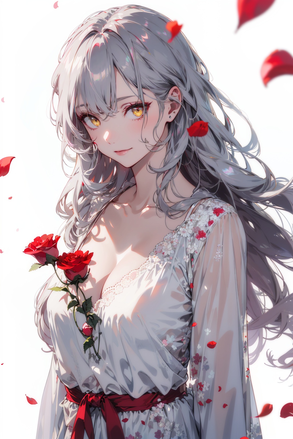 masterpiece,best quality,(realistic:1.2),1girl,solo,looking at viewer,silver hair,yellow eyes,beautiful and detailed face,evil smile,upper body,collarbone,collarbone,large breasts,white long translucent night gown,expressionless,hair cover one eye,long hair,red hair flower,standing,blood,(plenty of red petals:1.35),white background),simple background,