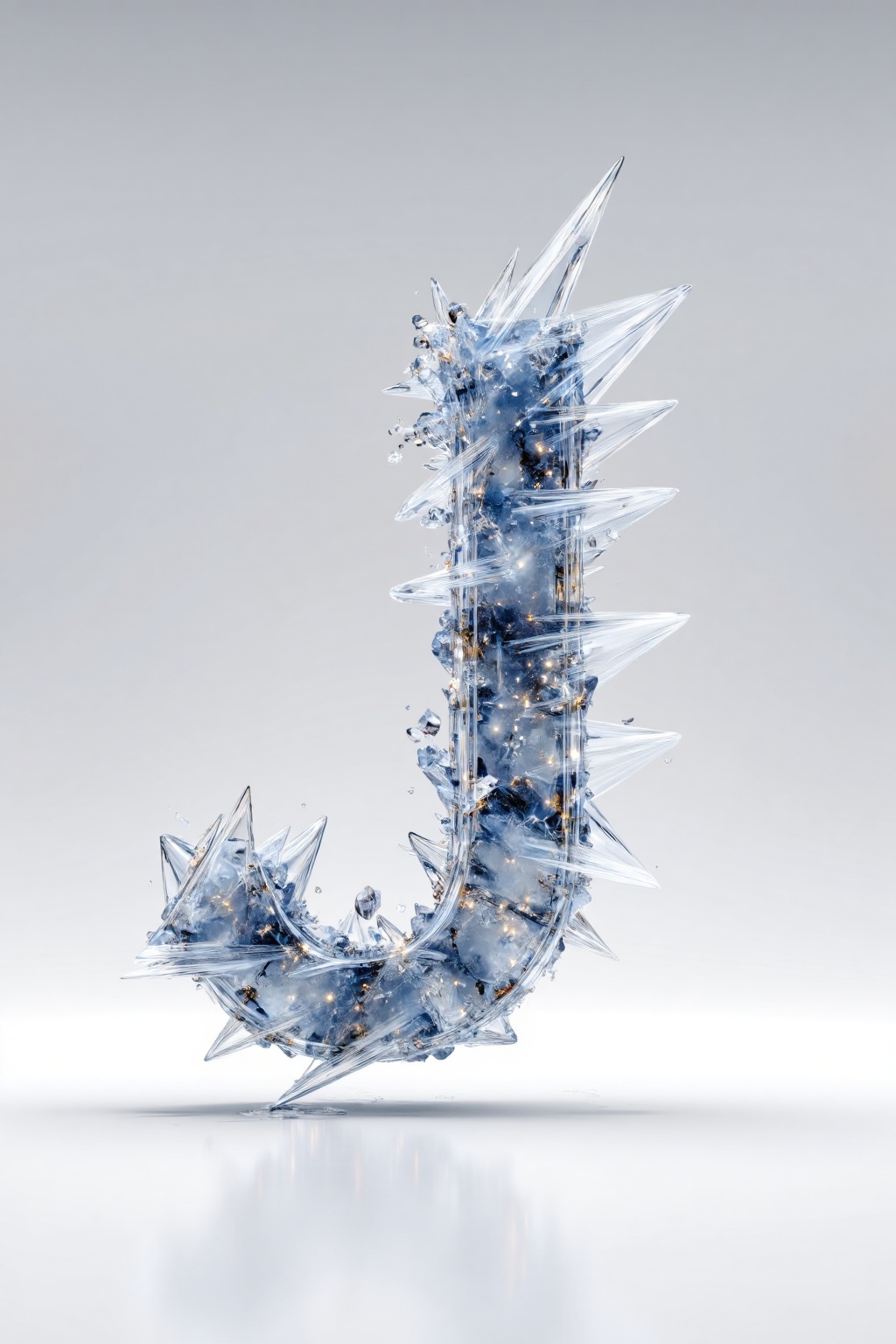 beijihui,3D icon design of letter 'J',**** of intricate ice crystal patterns with translucent frost and sharp facets,hyperrealistic,hyperdetail,front view,studio lighting,100mm lens,white solid background,