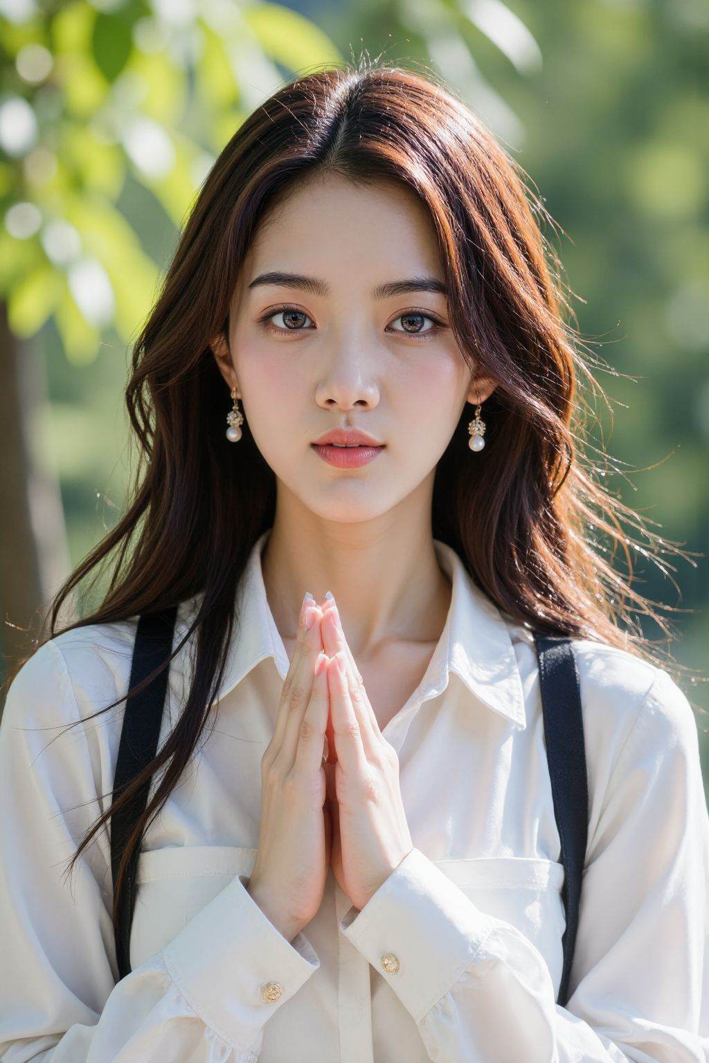 A photograph of a young Asian woman with fair skin and long, dark brown hair. She has a serene expression with soft, natural makeup and is wearing pearl drop earrings. She is dressed in a white shirt with black suspenders, and her hands are clasped together in front of her chest. The background is a lush, sunlit green forest with dappled light filtering through the leaves. The overall mood is peaceful and ethereal.