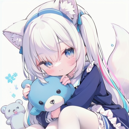 1girl,solo,long hair,looking at viewer,blush,bangs,blue eyes,blonde hair,shirt,thighhighs,long sleeves,white background,dress,bow,holding,animal ears,closed mouth,tail,white shirt,white hair,hair bow,multicolored hair,hairband,frills,striped,black thighhighs,two side up,animal ear fluff,fox ears,blue dress,fox tail,blue bow,stuffed toy,frilled dress,stuffed animal,fox girl,multiple tails,puffy long sleeves,teddy bear,striped bow,object hug,blue hairband,holding stuffed toy,kitsune,kyuubi,suzuran \(arknights\),white pantyhose,