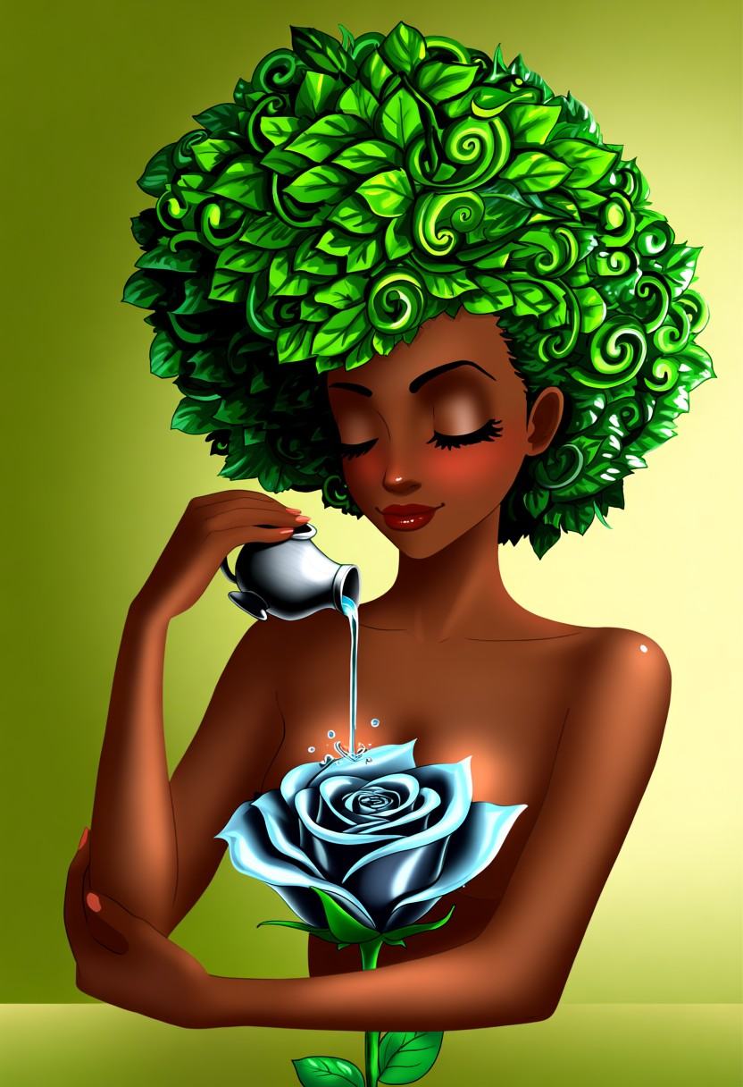 A Black woman with large lush curly hair entirely formed from overlapping leaves and dense foliage,  gently pouring oil fr...