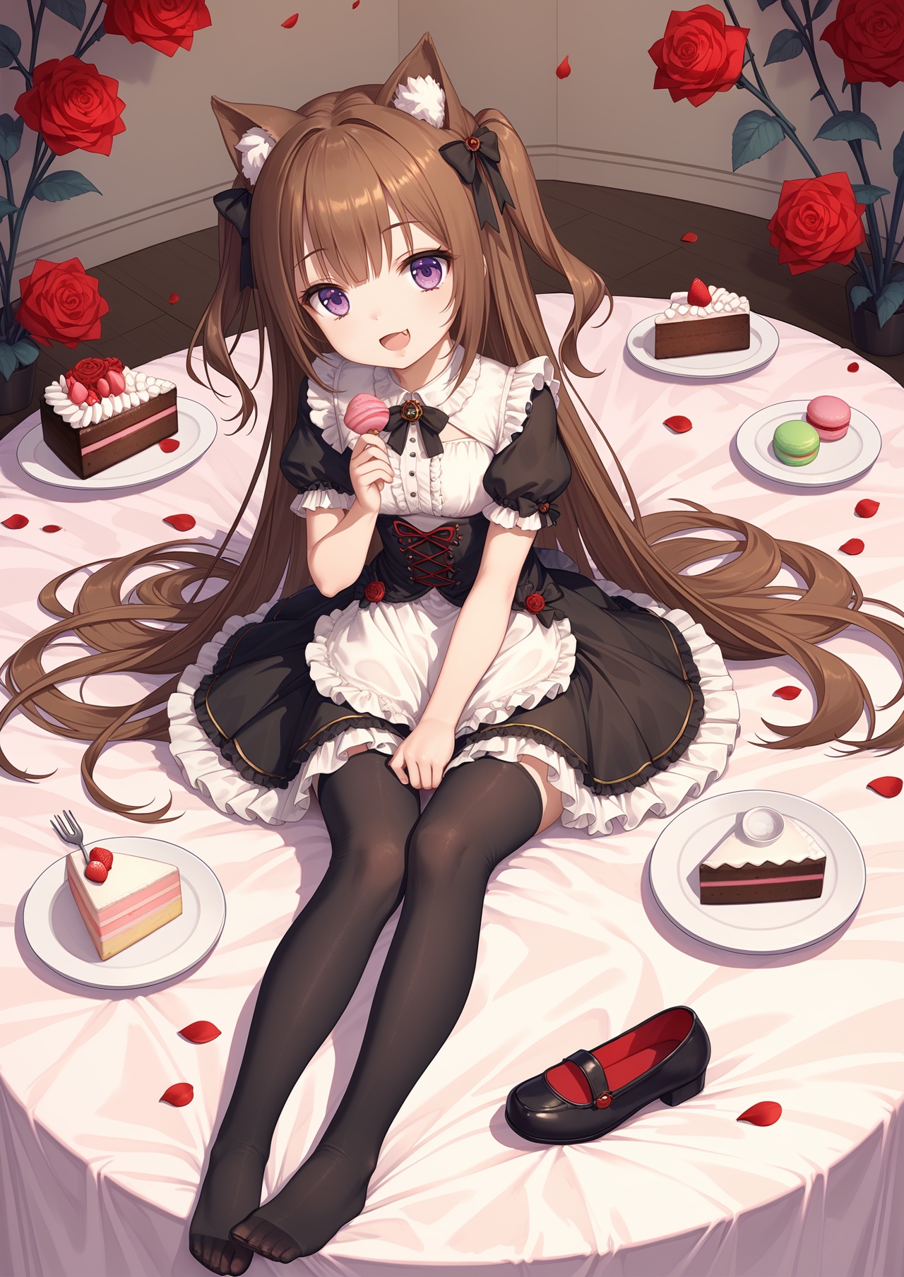 score_10,score_9,score_8_up,score_7_up,1girl,purple eyes,animal ears,solo,rose,shoes,black footwear,dress,flower,cup,food,smile,stuffed toy,cake,puffy sleeves,long hair,thighhighs,teacup,stuffed animal,red flower,red rose,short sleeves,brown hair,two side up,black dress,puffy short sleeves,petals,cake slice,:d,animal ear fluff,looking at viewer,no shoes,detached sleeves,frills,macaron,frilled dress,teddy bear,black thighhighs,very long hair,bow,tiered tray,plate,single shoe,minigirl,sitting,mini person,hair ornament,holding,cat ears,hair bow,table,fang,pantyhose,rose petals,full body,open mouth,