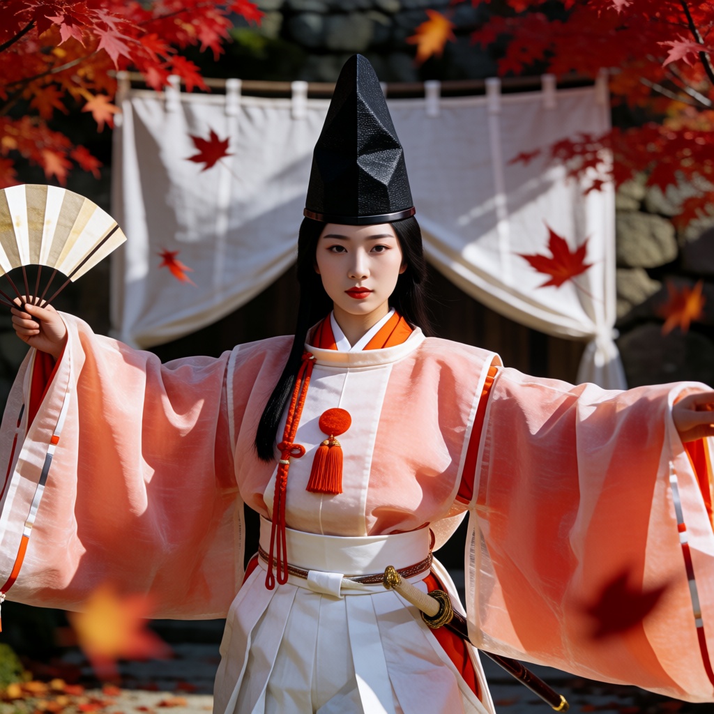 shirabyoshi,  AThis is a cinematic,  photorealistic close-up shot of a beautiful young Japanese woman dressed in tradition...